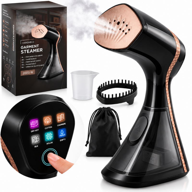 Aparat Calcat Vertical cu Aburi, Putere 2000W, Fier Calcat cu Incalzire Rapida, 5 Moduri de Calcare, Afisaj LCD, Rezervor Detasabil 320 ml, Abur Variabil 37 g/min, Portabil, Perie pentru Tesaturi Groase, Pahar Gradat, Saculet Inclus, Negru