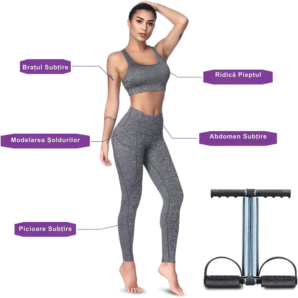 Aparat Extensor Fitness, Portabil, pentru Yoga, Pilates, Aerobic, Gimnastica, Recuperare, Exercitii Abdomen, Picioare, Fese, Coapse, Brate, Piept, Tonifierea Muschilor, Negru/Argintiu