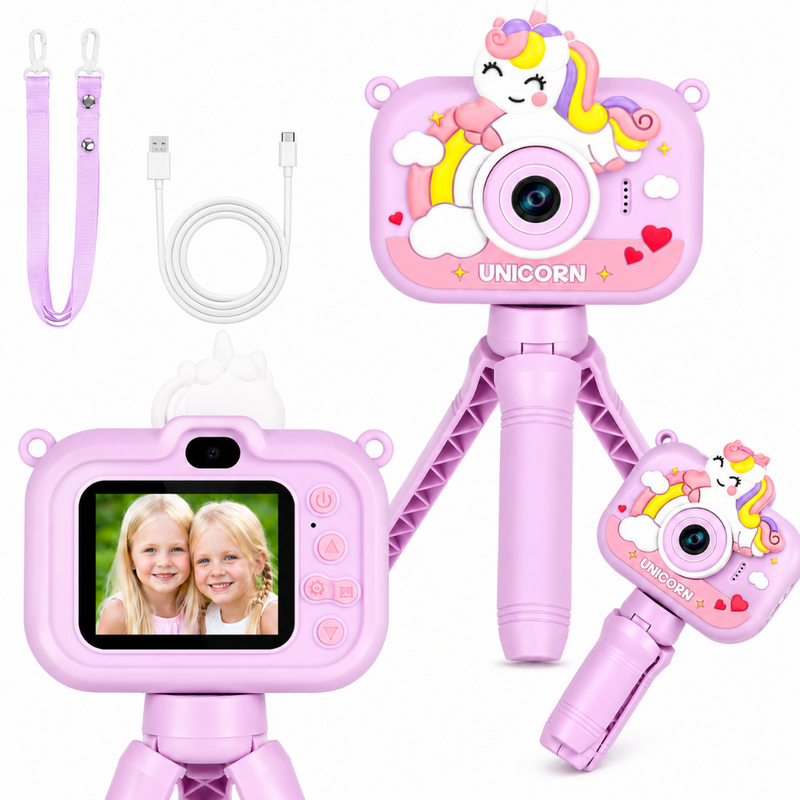 Aparat Foto Digital pentru Copii, 1080P HD, Ecran IPS 2.0”, Camere Duble Fata si Spate, Functii Foto, Video, Filtre inteligente, 5 Jocuri Interactive, Trepied, Snur de Sustinere, Cablu USB Inclus, Mov