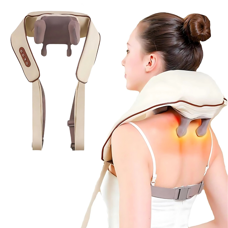 Aparat Masaj Cervical Hands-Free, pentru Relaxare Musculara, Rola de Masat Shiatsu 5D care Imita Masajul Uman, Functie Incalzire, Reduce Stresul si Oboseala, Amelioreaza Durerile pentru Gat, Umeri, Spate si Picioare, Intensitate Reglabila, Bej