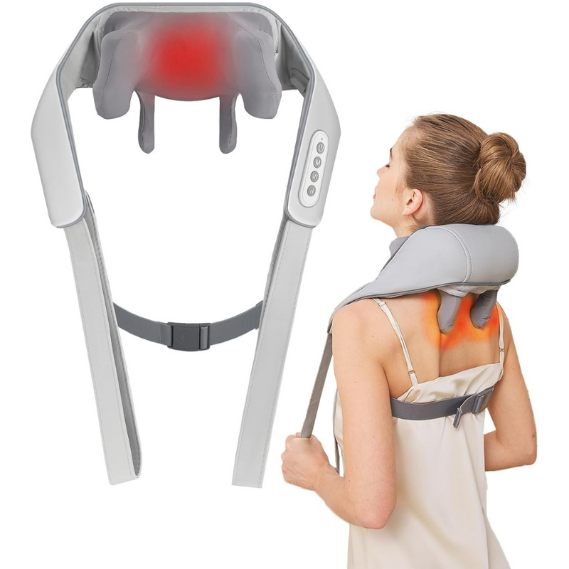 Aparat Masaj Cervical Hands-Free, pentru Relaxare Musculara, Rola de Masat Shiatsu 5D care Imita Masajul Uman, Functie Incalzire, Reduce Stresul si Oboseala, Amelioreaza Durerile pentru Gat, Umeri, Spate si Picioare, Intensitate Reglabila, Gri