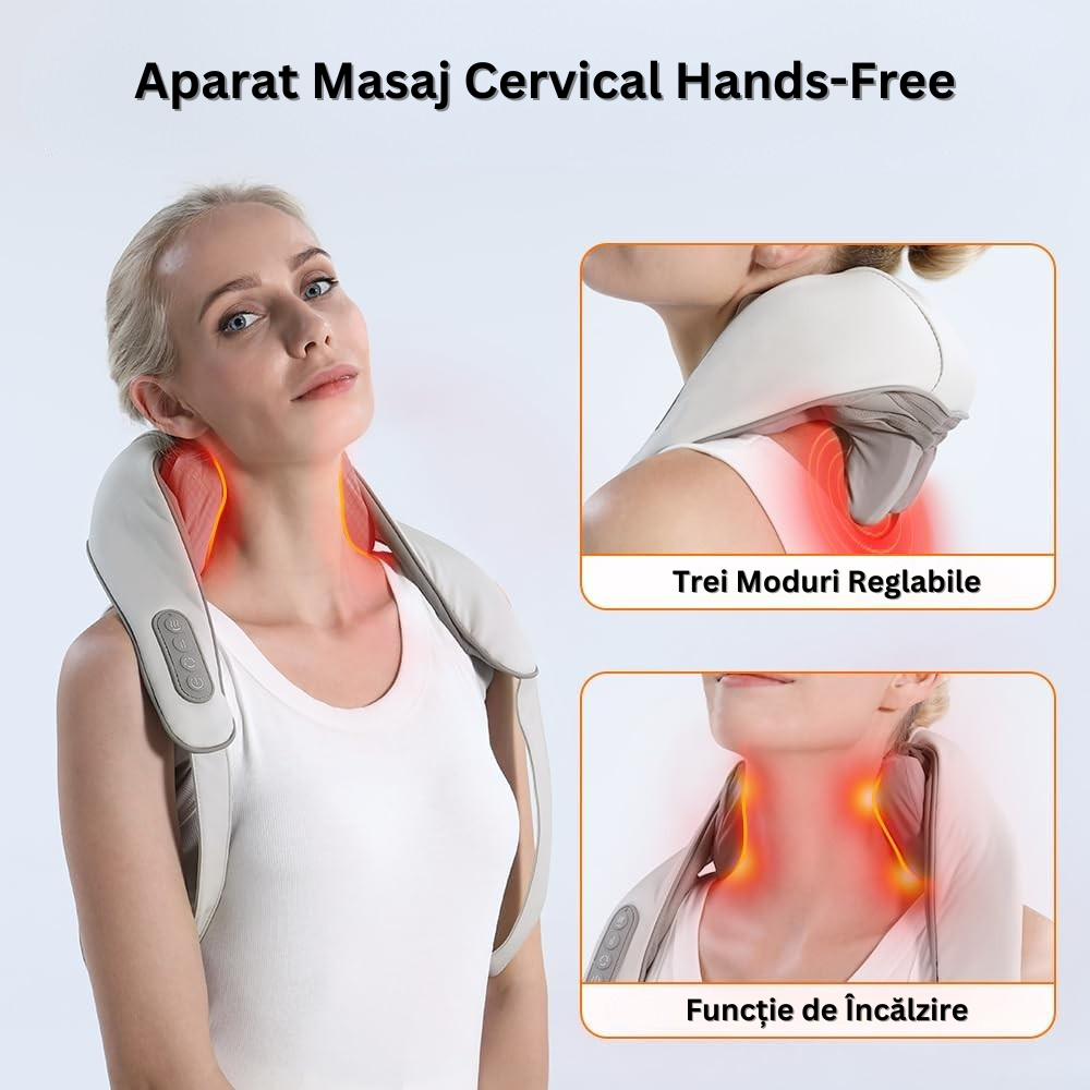 Aparat Masaj Cervical Hands-Free, pentru Relaxare Musculara, Rola de Masat Shiatsu 5D care Imita Masajul Uman, Functie Incalzire, Reduce Stresul si Oboseala, Amelioreaza Durerile pentru Gat, Umeri, Spate si Picioare, Intensitate Reglabila, Gri