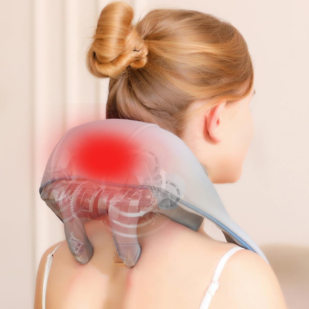 Aparat Masaj Cervical Hands-Free, pentru Relaxare Musculara, Rola de Masat Shiatsu 5D care Imita Masajul Uman, Functie Incalzire, Reduce Stresul si Oboseala, Amelioreaza Durerile pentru Gat, Umeri, Spate si Picioare, Intensitate Reglabila, Gri