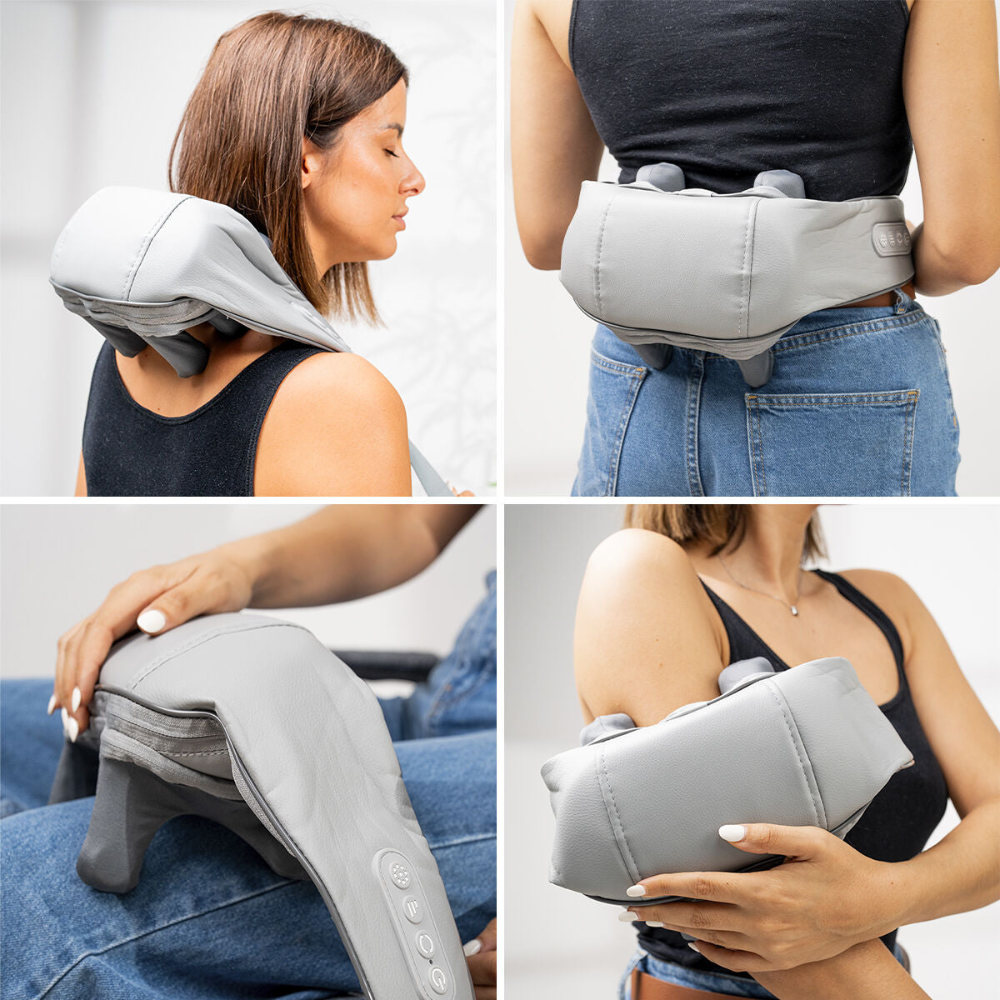Aparat Masaj Cervical Hands-Free, pentru Relaxare Musculara, Rola de Masat Shiatsu 5D care Imita Masajul Uman, Functie Incalzire, Reduce Stresul si Oboseala, Amelioreaza Durerile pentru Gat, Umeri, Spate si Picioare, Intensitate Reglabila, Gri