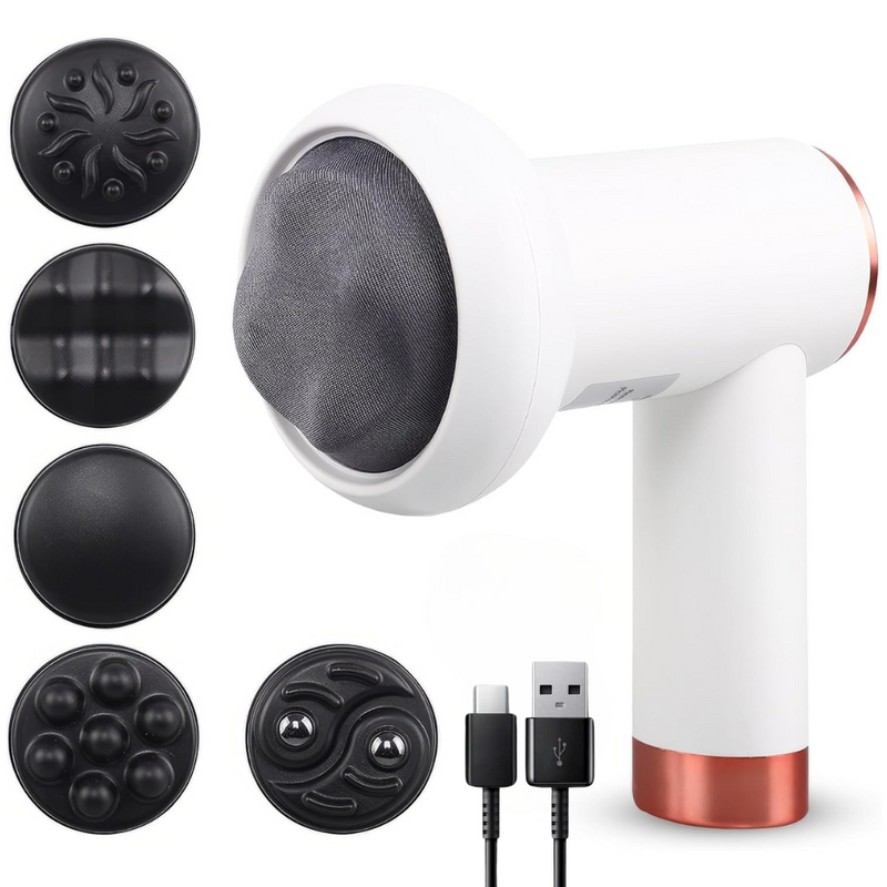 Aparat Profesional de Masaj Anticelulitic, 5 Capete Interschimbabile, 6 Trepte de Intensitate, 3200 rpm, Remodelare Corporala, Relaxare, Tonifiere, pentru Gat, Spate, Umeri, Picioare, Abdomen, Cablu USB-C Inclus, Alb