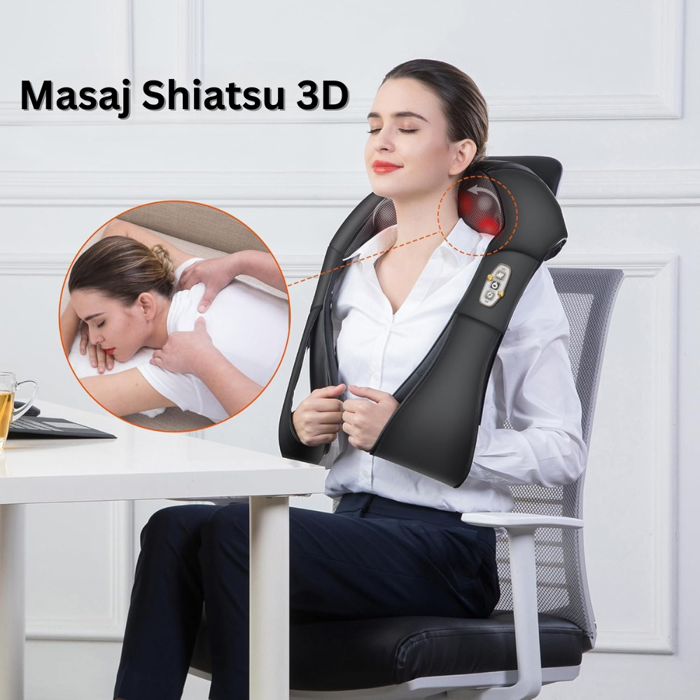 Aparat Profesional pentru Masaj, pentru Relaxare Musculara, Rola de Masaj Shiatsu 3D care Imita Masajul Uman, Functie Incalzire, Reduce Stresul si Oboseala, Amelioreaza Durerile pentru Gat, Umeri, Spate si Picioare, Intensitate Reglabila, Negru