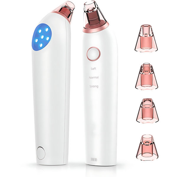 Aparat cu Vacuum pentru Puncte Negre si de Grasime, Curatare Faciala, 3 Viteze, 4 Capete, Lumina LED, Ingrijirea Tenului, Incarcare USB, Instrument Metalic Inclus, Alb/Roz