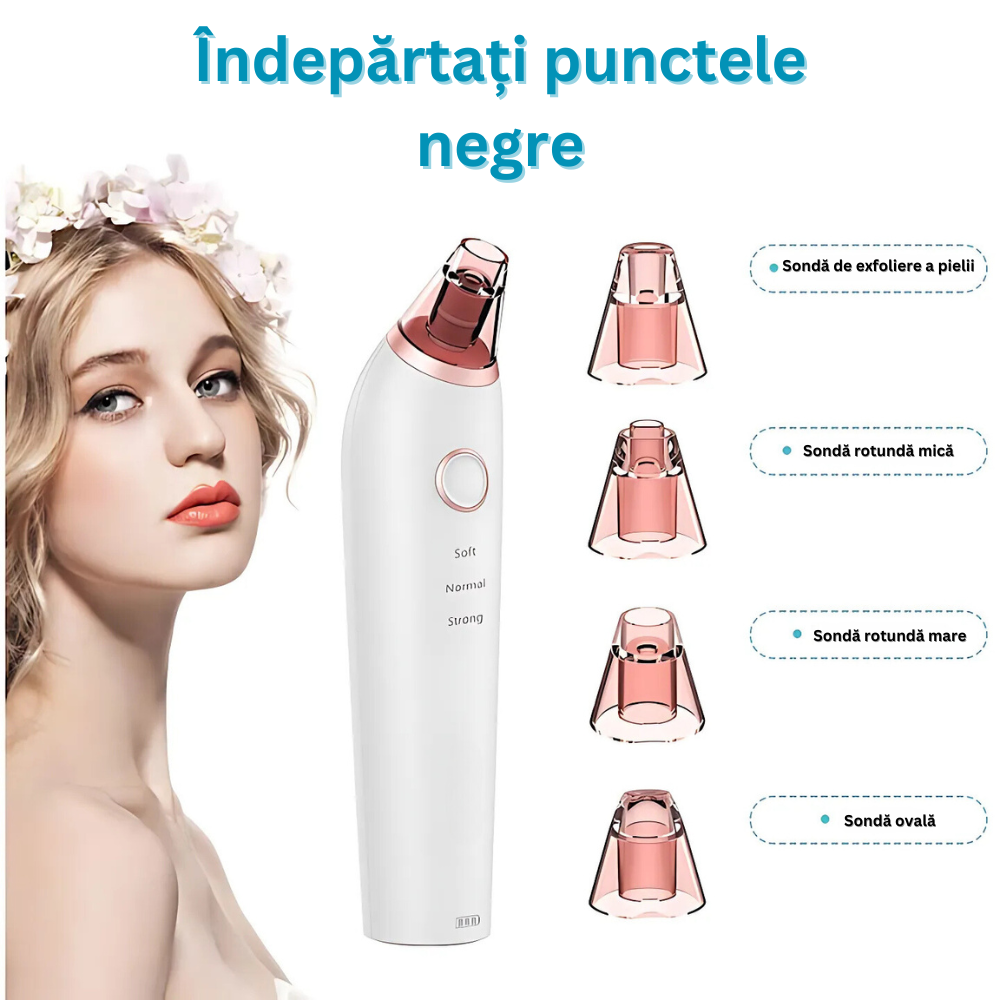 Aparat cu Vacuum pentru Puncte Negre si de Grasime, Curatare Faciala, 3 Viteze, 4 Capete, Lumina LED, Ingrijirea Tenului, Incarcare USB, Instrument Metalic Inclus, Alb/Roz