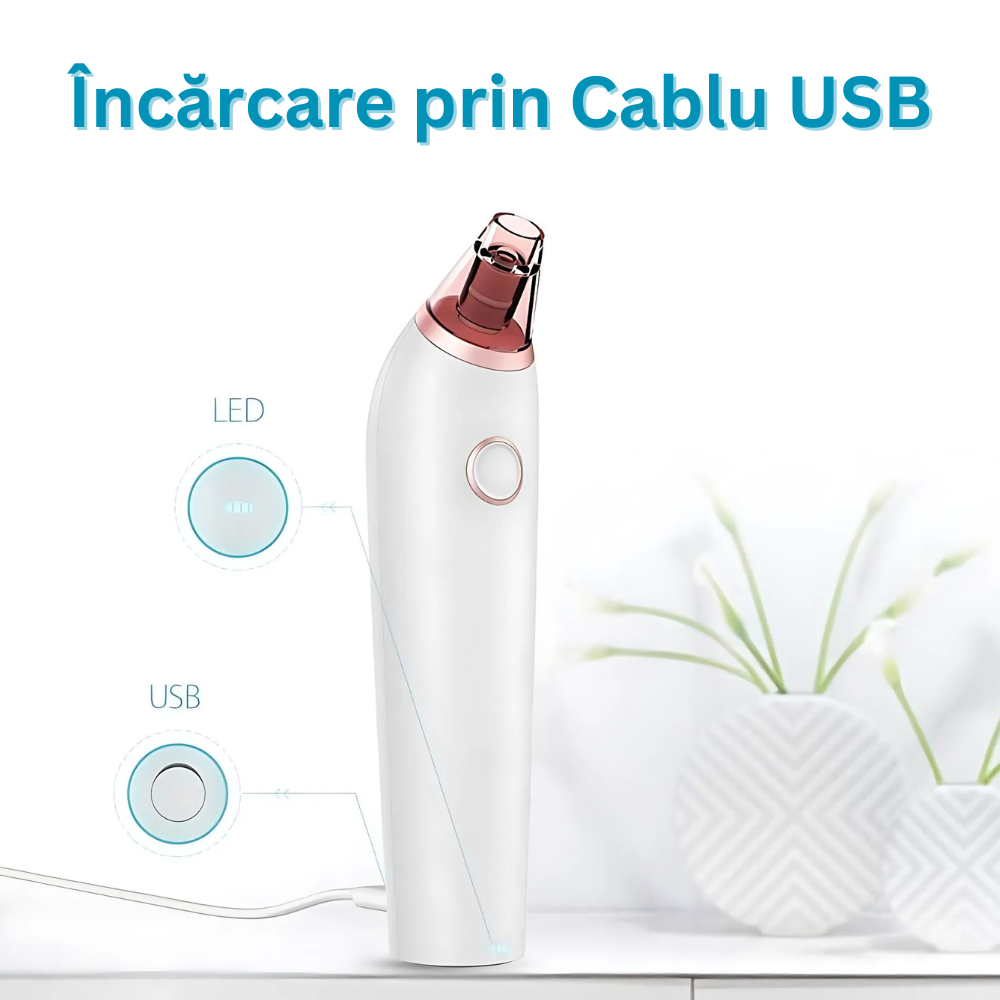 Aparat cu Vacuum pentru Puncte Negre si de Grasime, Curatare Faciala, 3 Viteze, 4 Capete, Lumina LED, Ingrijirea Tenului, Incarcare USB, Instrument Metalic Inclus, Alb/Roz