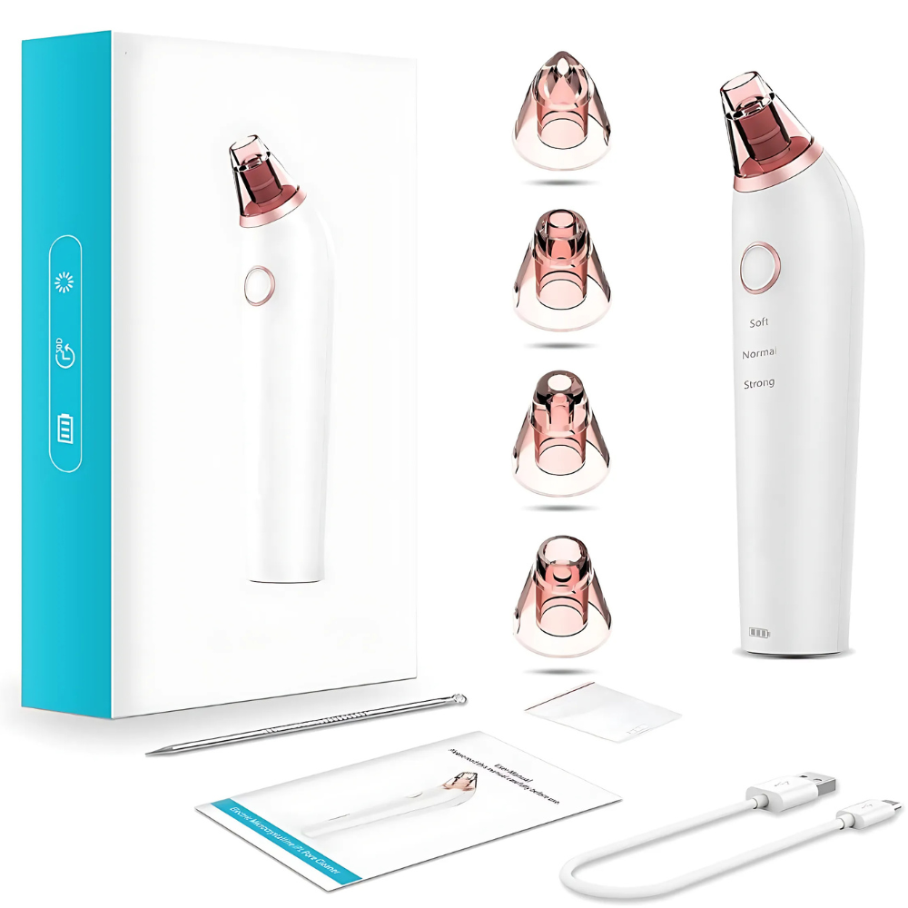 Aparat cu Vacuum pentru Puncte Negre si de Grasime, Curatare Faciala, 3 Viteze, 4 Capete, Lumina LED, Ingrijirea Tenului, Incarcare USB, Instrument Metalic Inclus, Alb/Roz