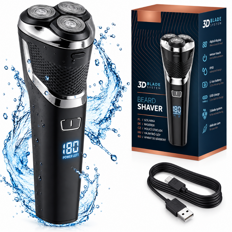 Aparat de Ras Electric, Barbierit Umed si Uscat, Capete 3D, Afisaj Digital LED, Rezistent la Apa, Fara Fir, Autonomie de 120 Minute, Blocare Calatorie, Incarcare Rapida USB-C, Negru