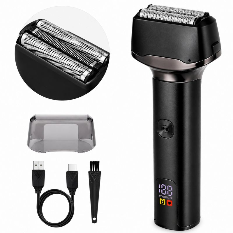 Aparat de Ras Electric, Barbierit Umed si Uscat, Shaver, Trimmer, Fara Fir, Afisaj Digital LED, Rezistent la Apa IPX5, Lame Duble, Blocare Calatorie, Autonomie 70 Minute, Portabil, Perie Curatare, Cablu USB Type-C, Capac de Protectie Inclus, Negru