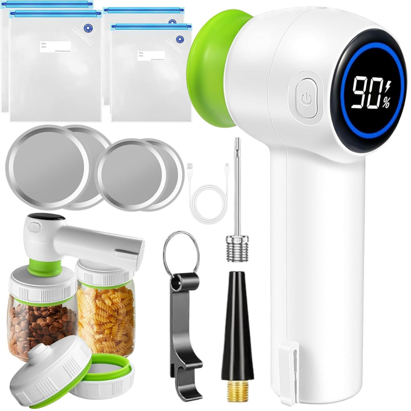 Aparat de Vidat Portabil, Wireless, Afisaj Digital, Baterie Reincarcabila, pentru Carne, Peste, Legume si Fructe, tip Pompa, Capete de Umflare, Desfacator, Cablu USB Type-C, 4 Pungi de Vid, 4 Capace Borcane Incluse, Alb