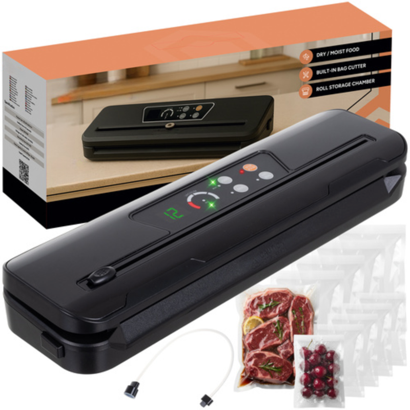 Aparat de Vidat si Sigilat Alimente Umede/Uscate, Afisaj Digital Secunde Ramase, Oprire Automata, Cutter Incorporat, pentru Carne, Peste, Legume si Fructe, Portabil, 30 cm Bara de Lipire, 10 Pungi Incluse, Negru