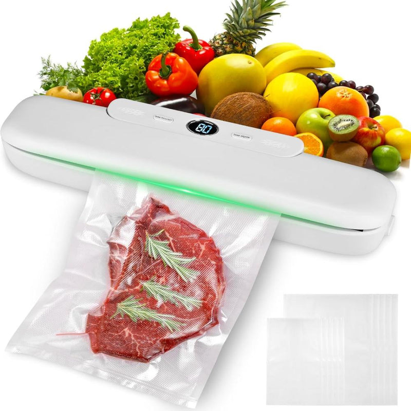 Aparat de Vidat si Sigilat Alimente Umede/Uscate, Afisaj Digital Secunde Ramase, Oprire Automata, pentru Carne, Peste, Legume si Fructe, Portabil, 30 cm Bara de Lipire, 10 Pungi Incluse, Alb