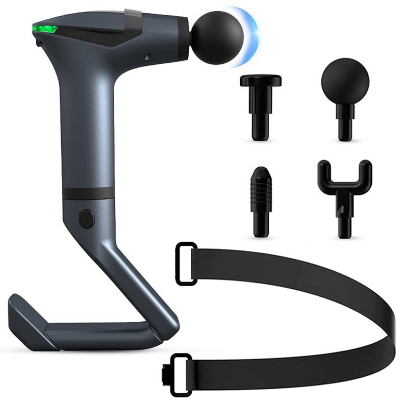 Aparat pentru Masaj Profesional Tip Pistol, 4 Capete Interschimbabile, Banda de Vibratie, Maner Prelungitor, 12 Viteze, 3300 rpm, Ecran LCD, pentru Spate, Piept, Maini, Picioare, Umeri, Relaxare si Tonifiere Musculara, Cablu USB-C Inclus, Gri