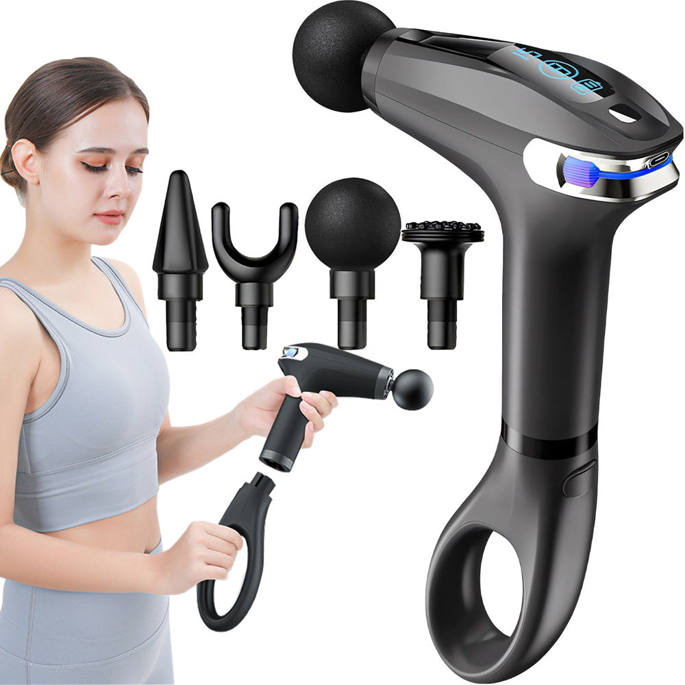 Aparat pentru Masaj Profesional Tip Pistol, 4 Capete Interschimbabile, Maner Prelungitor, 8 Viteze, 3200 rpm, Ecran LCD, pentru Spate, Piept, Maini, Picioare, Umeri, Relaxare si Tonifiere Musculara, Cablu USB-C Inclus, Negru