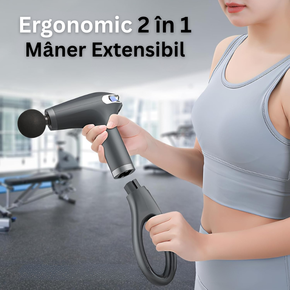 Aparat pentru Masaj Profesional Tip Pistol, 4 Capete Interschimbabile, Maner Prelungitor, 8 Viteze, 3200 rpm, Ecran LCD, pentru Spate, Piept, Maini, Picioare, Umeri, Relaxare si Tonifiere Musculara, Cablu USB-C Inclus, Negru