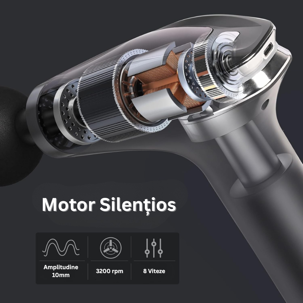 Aparat pentru Masaj Profesional Tip Pistol, 4 Capete Interschimbabile, Maner Prelungitor, 8 Viteze, 3200 rpm, Ecran LCD, pentru Spate, Piept, Maini, Picioare, Umeri, Relaxare si Tonifiere Musculara, Cablu USB-C Inclus, Negru