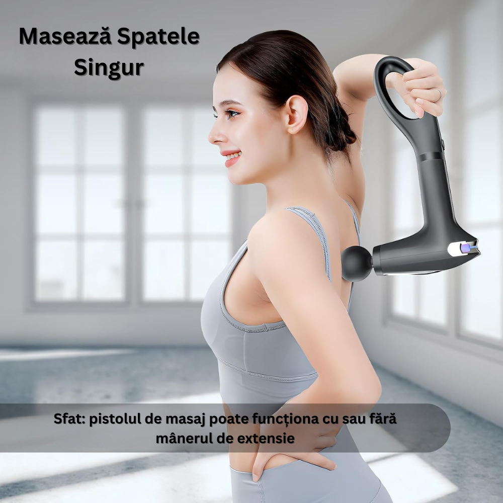 Aparat pentru Masaj Profesional Tip Pistol, 4 Capete Interschimbabile, Maner Prelungitor, 8 Viteze, 3200 rpm, Ecran LCD, pentru Spate, Piept, Maini, Picioare, Umeri, Relaxare si Tonifiere Musculara, Cablu USB-C Inclus, Negru