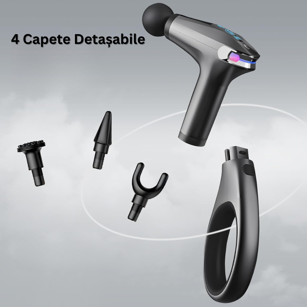 Aparat pentru Masaj Profesional Tip Pistol, 4 Capete Interschimbabile, Maner Prelungitor, 8 Viteze, 3200 rpm, Ecran LCD, pentru Spate, Piept, Maini, Picioare, Umeri, Relaxare si Tonifiere Musculara, Cablu USB-C Inclus, Negru