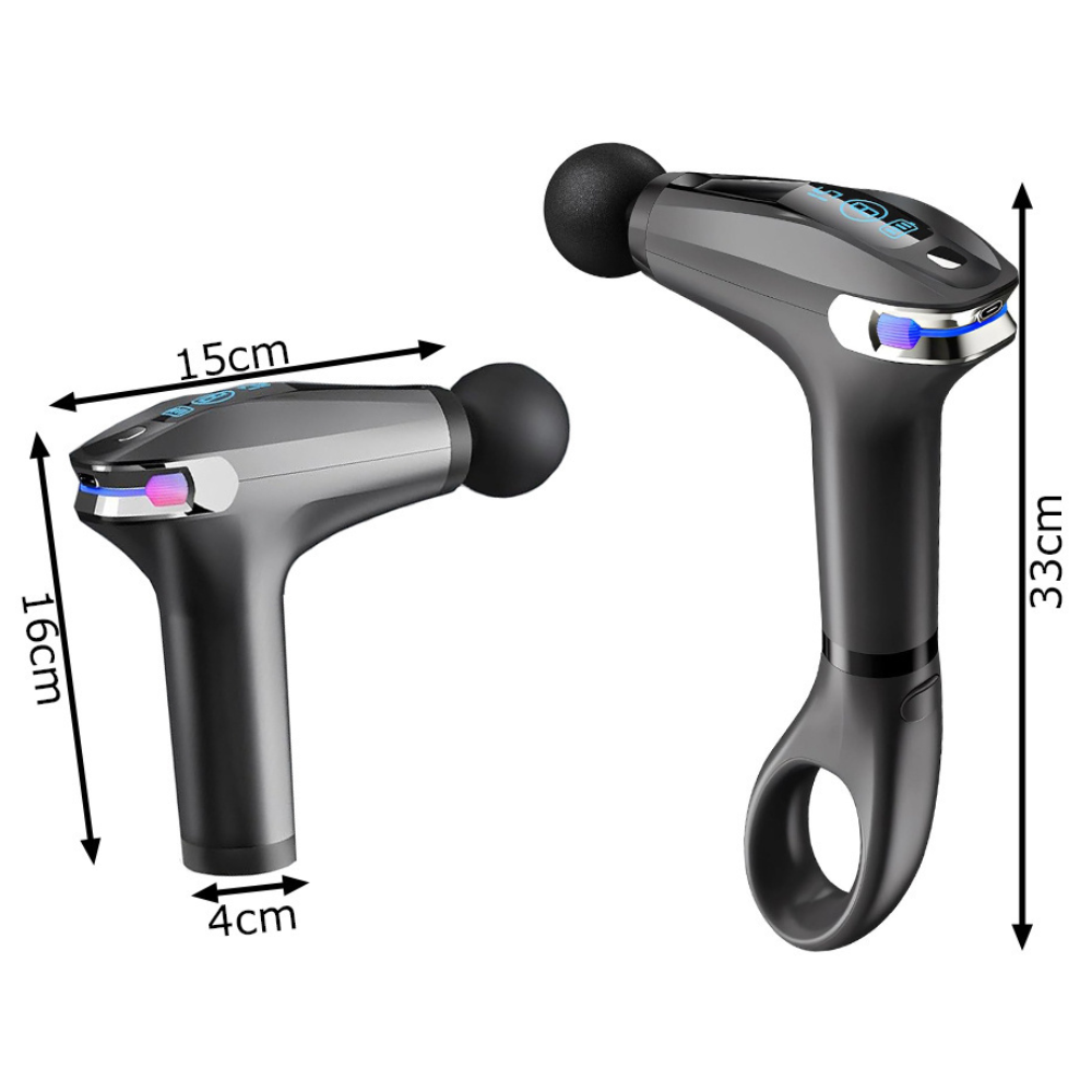 Aparat pentru Masaj Profesional Tip Pistol, 4 Capete Interschimbabile, Maner Prelungitor, 8 Viteze, 3200 rpm, Ecran LCD, pentru Spate, Piept, Maini, Picioare, Umeri, Relaxare si Tonifiere Musculara, Cablu USB-C Inclus, Negru
