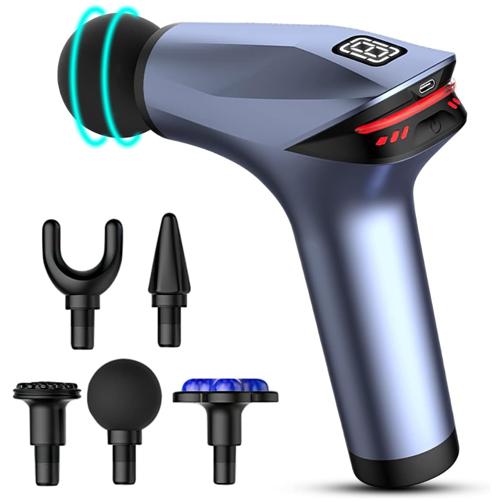 Aparat pentru Masaj Profesional Tip Pistol, 5 Capete Interschimbabile, 8 Viteze, 3200 rpm, Ecran LCD, Ice Head Gel, pentru Spate, Piept, Maini, Picioare, Umeri, Relaxare si Tonifiere Musculara, Motor Silentios, Albastru