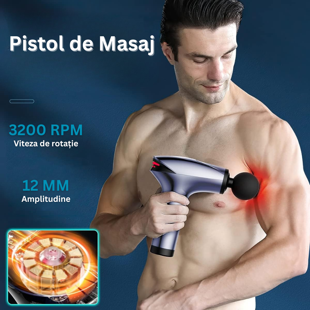 Aparat pentru Masaj Profesional Tip Pistol, 5 Capete Interschimbabile, 8 Viteze, 3200 rpm, Ecran LCD, Ice Head Gel, pentru Spate, Piept, Maini, Picioare, Umeri, Relaxare si Tonifiere Musculara, Motor Silentios, Albastru