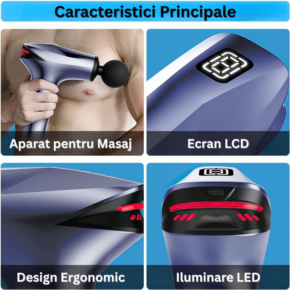 Aparat pentru Masaj Profesional Tip Pistol, 5 Capete Interschimbabile, 8 Viteze, 3200 rpm, Ecran LCD, Ice Head Gel, pentru Spate, Piept, Maini, Picioare, Umeri, Relaxare si Tonifiere Musculara, Motor Silentios, Albastru