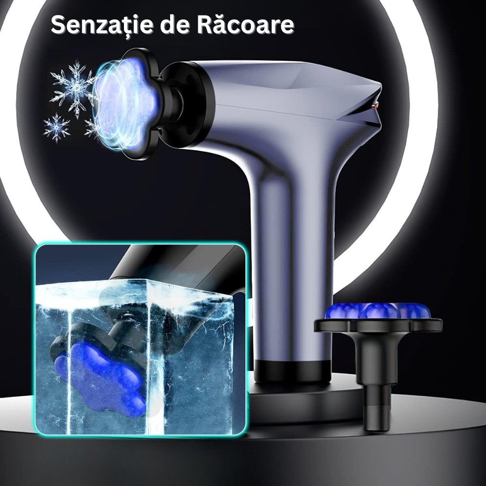 Aparat pentru Masaj Profesional Tip Pistol, 5 Capete Interschimbabile, 8 Viteze, 3200 rpm, Ecran LCD, Ice Head Gel, pentru Spate, Piept, Maini, Picioare, Umeri, Relaxare si Tonifiere Musculara, Motor Silentios, Albastru