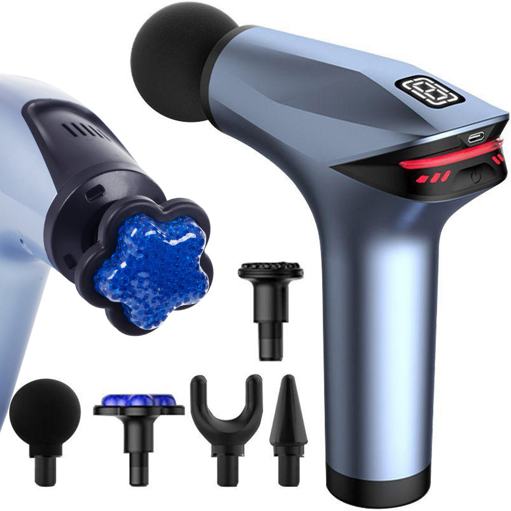 Aparat pentru Masaj Profesional Tip Pistol, 5 Capete Interschimbabile, 8 Viteze, 3200 rpm, Ecran LCD, Ice Head Gel, pentru Spate, Piept, Maini, Picioare, Umeri, Relaxare si Tonifiere Musculara, Motor Silentios, Albastru