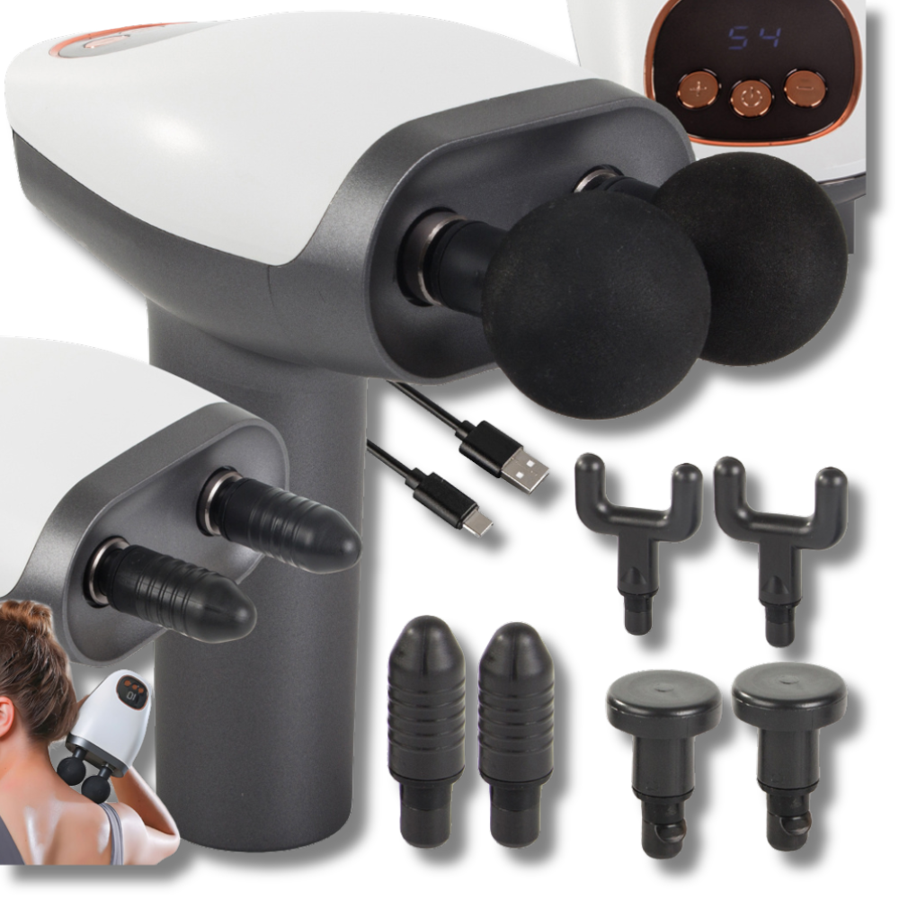 Aparat pentru Masaj Profesional Tip Pistol Dublu, 8 Capete Interschimbabile, 10 Viteze, 3200 rpm, Ecran LCD, pentru Spate, Piept, Maini, Picioare, Umeri, Relaxare si Tonifiere Musculara, Motor Silentios, Gri/Alb