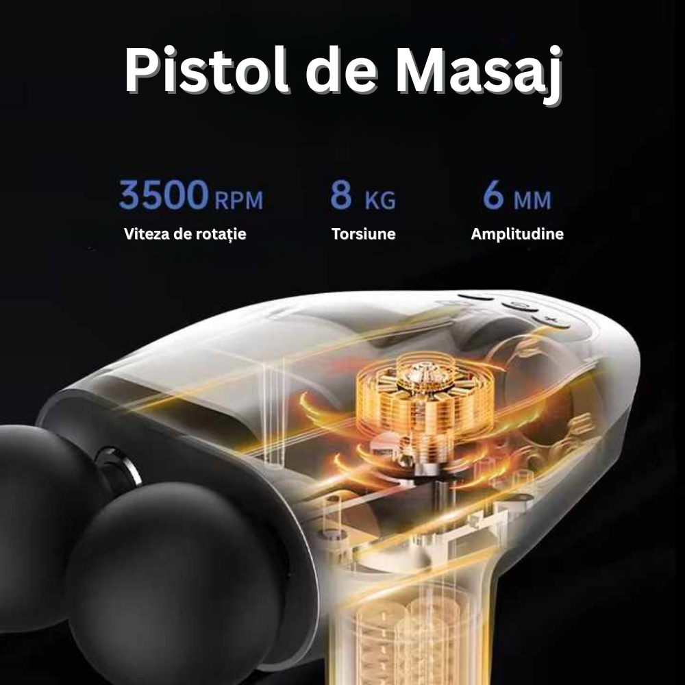 Aparat pentru Masaj Profesional Tip Pistol Dublu, 8 Capete Interschimbabile, 10 Viteze, 3200 rpm, Ecran LCD, pentru Spate, Piept, Maini, Picioare, Umeri, Relaxare si Tonifiere Musculara, Motor Silentios, Gri/Alb