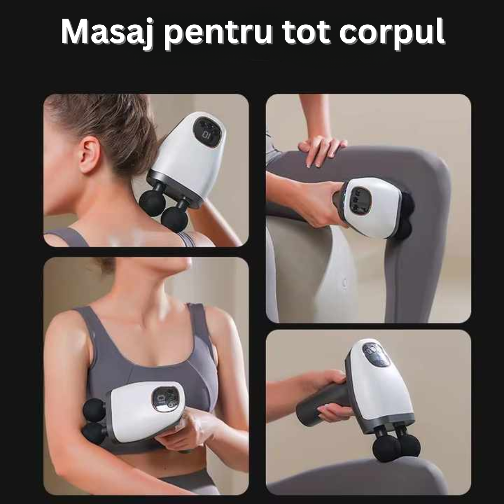 Aparat pentru Masaj Profesional Tip Pistol Dublu, 8 Capete Interschimbabile, 10 Viteze, 3200 rpm, Ecran LCD, pentru Spate, Piept, Maini, Picioare, Umeri, Relaxare si Tonifiere Musculara, Motor Silentios, Gri/Alb