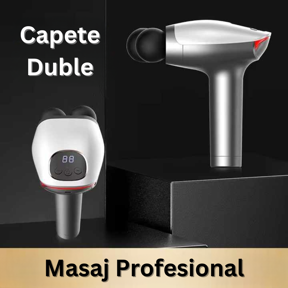 Aparat pentru Masaj Profesional Tip Pistol Dublu, 8 Capete Interschimbabile, 10 Viteze, 3200 rpm, Ecran LCD, pentru Spate, Piept, Maini, Picioare, Umeri, Relaxare si Tonifiere Musculara, Motor Silentios, Gri/Alb