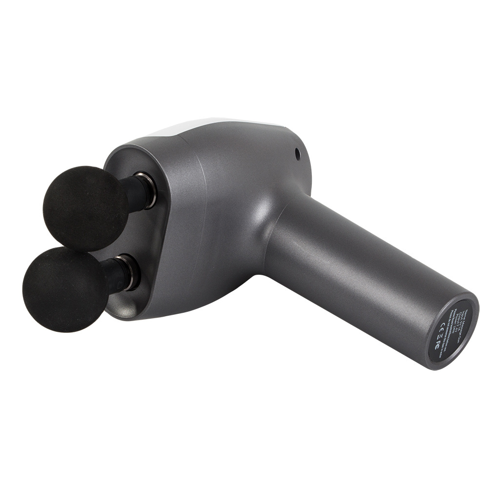 Aparat pentru Masaj Profesional Tip Pistol Dublu, 8 Capete Interschimbabile, 10 Viteze, 3200 rpm, Ecran LCD, pentru Spate, Piept, Maini, Picioare, Umeri, Relaxare si Tonifiere Musculara, Motor Silentios, Gri/Alb
