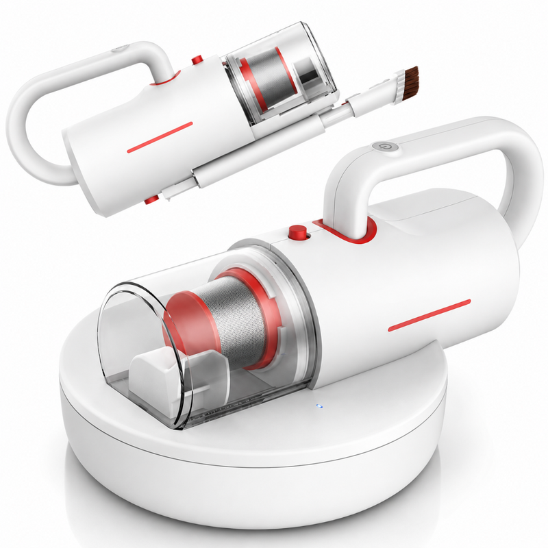 Aspirator Antiacarieni 2 in 1, 10000Pa, Lumina UV-C, Vibratie, Filtru HEPA, Rezervor Praf 400ml, pentru Saltea si Canapea, Usor de Utilizat, Accesorii Incluse, Alb