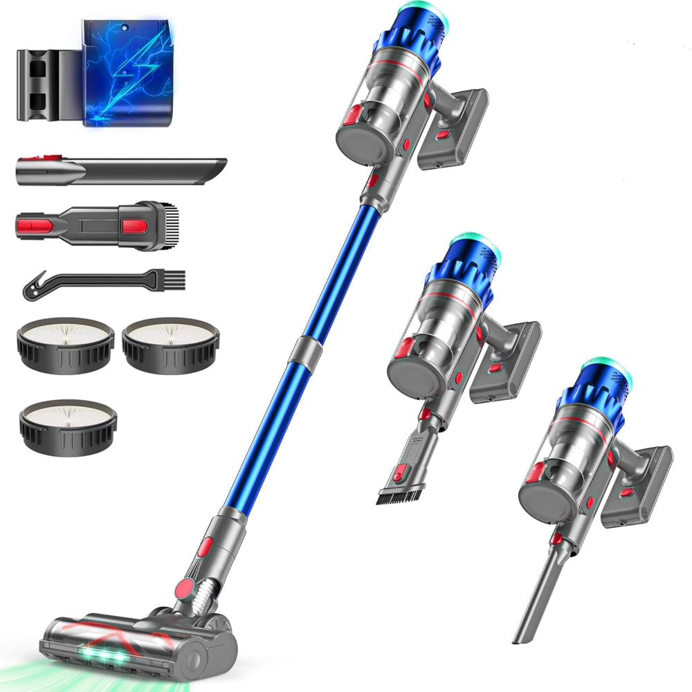 Aspirator Vertical Fara Fir 2in1, 550 W/48000 Pa, 60 Minute Autonomie, Ecran Tactil, Iluminare LED, Aspirator Vertical sau de Mana, Rezervor Praf 1.5 l, pentru Podea, Covor, Gresie, Par de Animale, Suport Perete, 3 Filtre HEPA Incluse, Albastru/Gri
