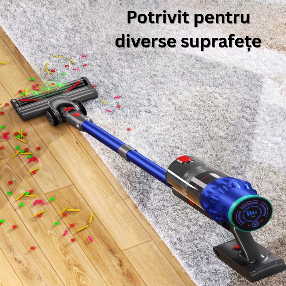 Aspirator Vertical Fara Fir 2in1, 550 W/48000 Pa, 60 Minute Autonomie, Ecran Tactil, Iluminare LED, Aspirator Vertical sau de Mana, Rezervor Praf 1.5 l, pentru Podea, Covor, Gresie, Par de Animale, Suport Perete, 3 Filtre HEPA Incluse, Albastru/Gri