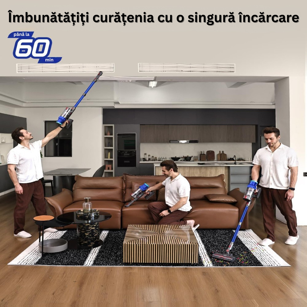 Aspirator Vertical Fara Fir 2in1, 550 W/48000 Pa, 60 Minute Autonomie, Ecran Tactil, Iluminare LED, Aspirator Vertical sau de Mana, Rezervor Praf 1.5 l, pentru Podea, Covor, Gresie, Par de Animale, Suport Perete, 3 Filtre HEPA Incluse, Albastru/Gri