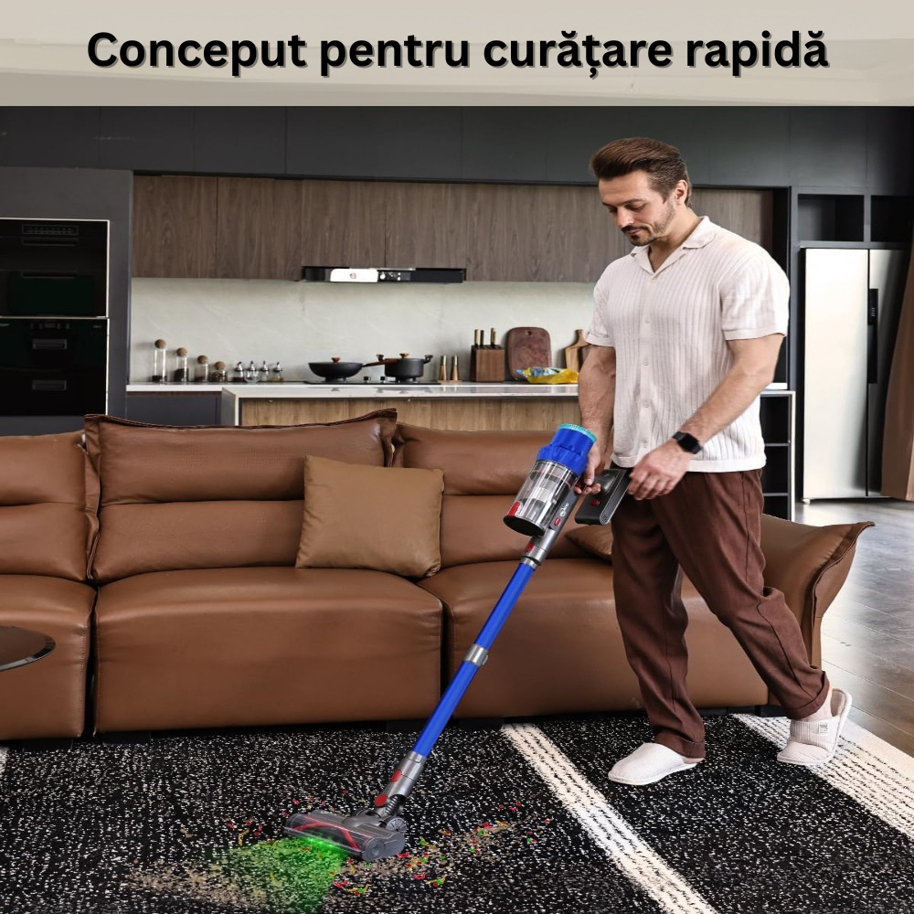 Aspirator Vertical Fara Fir 2in1, 550 W/48000 Pa, 60 Minute Autonomie, Ecran Tactil, Iluminare LED, Aspirator Vertical sau de Mana, Rezervor Praf 1.5 l, pentru Podea, Covor, Gresie, Par de Animale, Suport Perete, 3 Filtre HEPA Incluse, Albastru/Gri