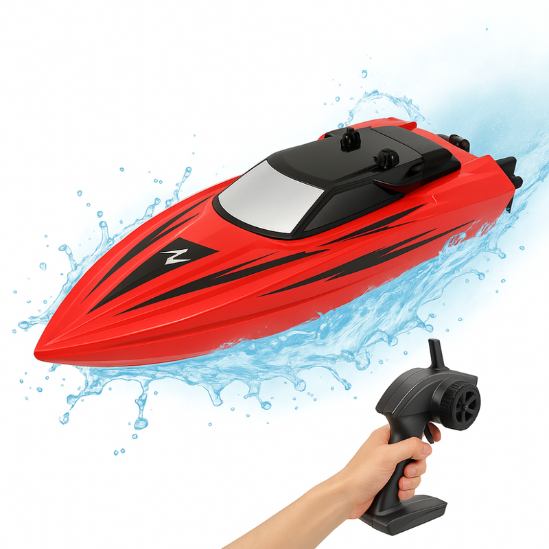 Barca cu Telecomanda, Viteza 8 km/h, Frecventa 2.4G, Raza de Control 50m, 2 Motoare, Pornire Automata, Avertizare Baterie Descarcata, Rezistent la Apa, Timp de Functionare 20 de Minute, Incarcare USB, Baterie Reincarcabila, Rosu/Negru
