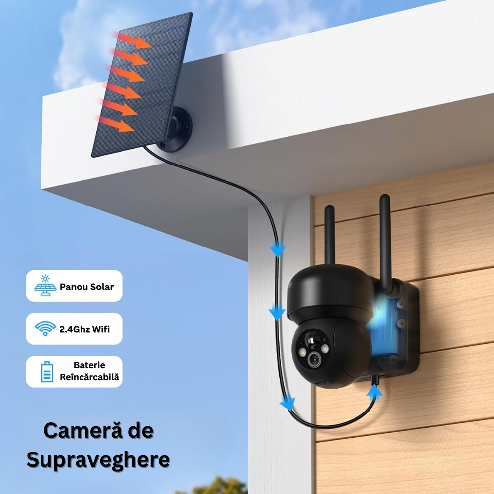 Camera de Supraveghere WIFI cu Panou Solar, 2K QHD, 3MP, Unghi 360°, Night Vision Color, Lumina LED, Senzor Detectare, Conectare Telefon, Alarma Sonora, Microfon, pentru Exterior, Rezistent la Apa IP65, Stocare Card/Cloud, Aplicatie Mobila, Negru