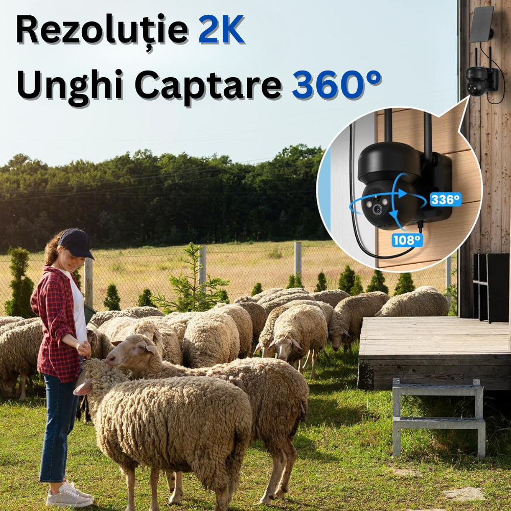 Camera de Supraveghere WIFI cu Panou Solar, 2K QHD, 3MP, Unghi 360°, Night Vision Color, Lumina LED, Senzor Detectare, Conectare Telefon, Alarma Sonora, Microfon, pentru Exterior, Rezistent la Apa IP65, Stocare Card/Cloud, Aplicatie Mobila, Negru