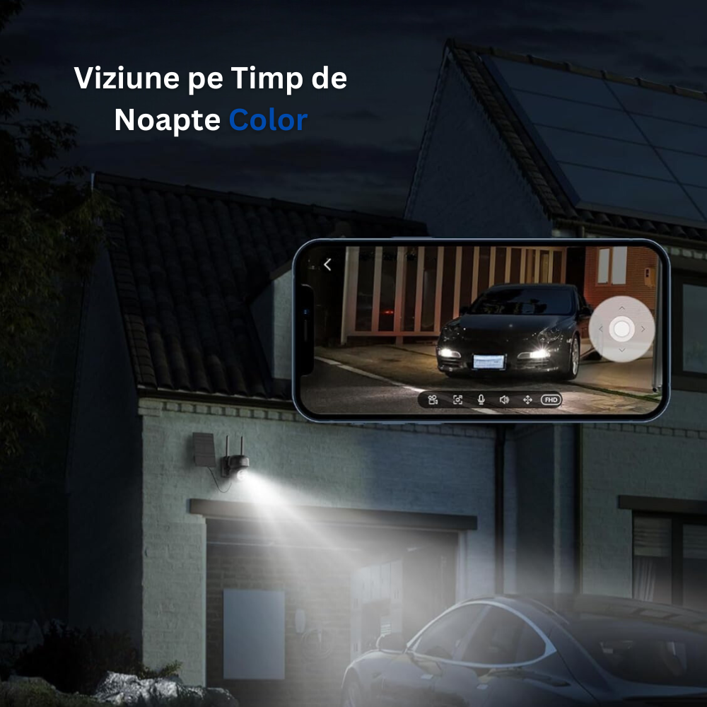 Camera de Supraveghere WIFI cu Panou Solar, 2K QHD, 3MP, Unghi 360°, Night Vision Color, Lumina LED, Senzor Detectare, Conectare Telefon, Alarma Sonora, Microfon, pentru Exterior, Rezistent la Apa IP65, Stocare Card/Cloud, Aplicatie Mobila, Negru