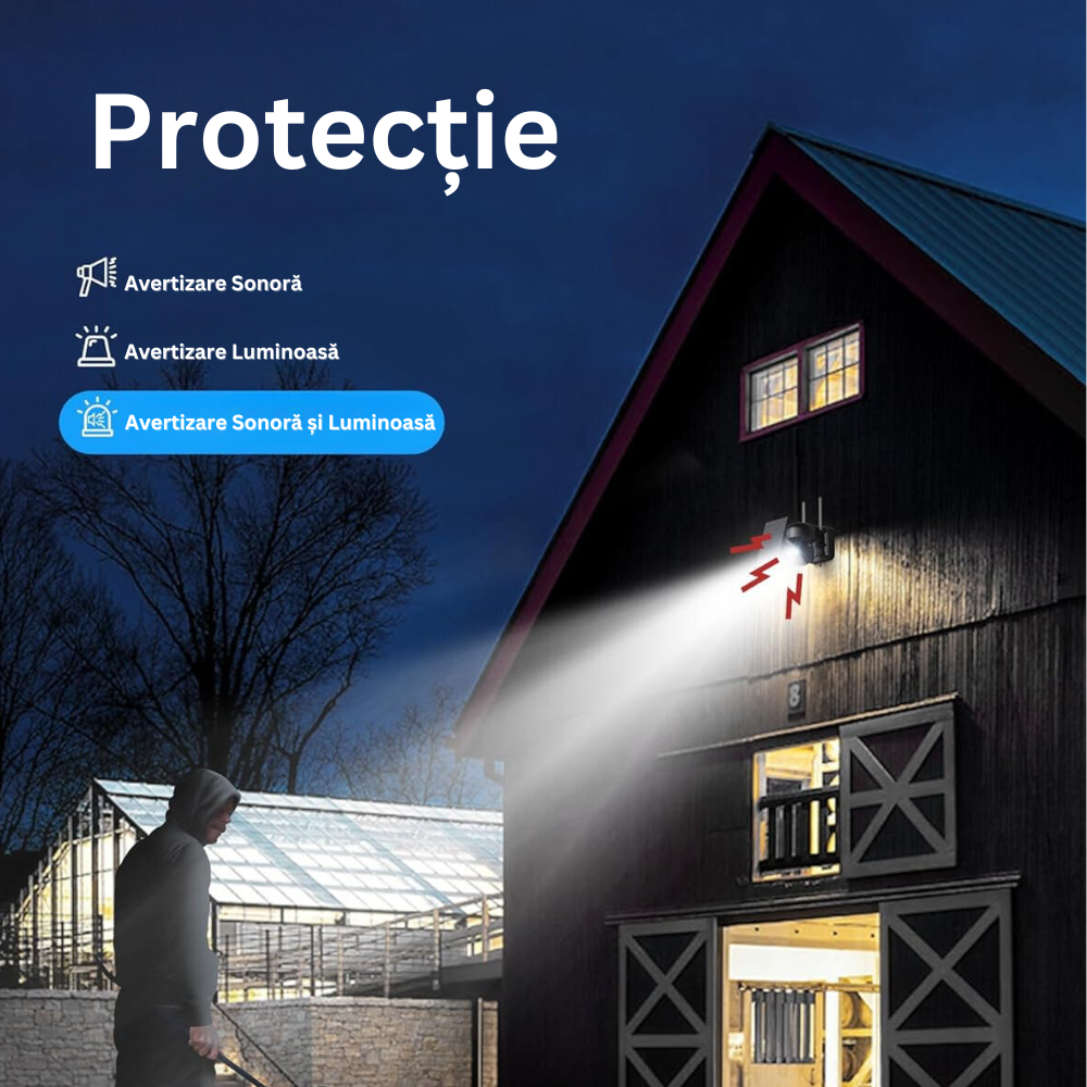 Camera de Supraveghere WIFI cu Panou Solar, 2K QHD, 3MP, Unghi 360°, Night Vision Color, Lumina LED, Senzor Detectare, Conectare Telefon, Alarma Sonora, Microfon, pentru Exterior, Rezistent la Apa IP65, Stocare Card/Cloud, Aplicatie Mobila, Negru