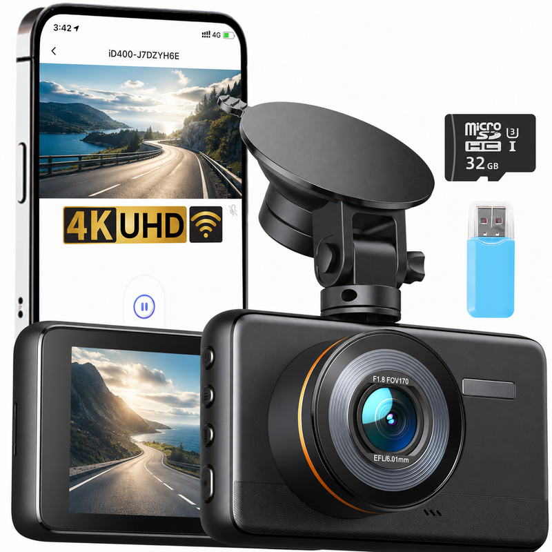Camera Auto de Bord, 4K Full HD, Unghi Inregistrare 170°, Inregistrare in Bucla, Vedere Nocturna, Monitorizare Parcare, G-Sensor, Cititor de Card, Aplicatie Telefon Mobil, Card de 32GB Inclus, Negru