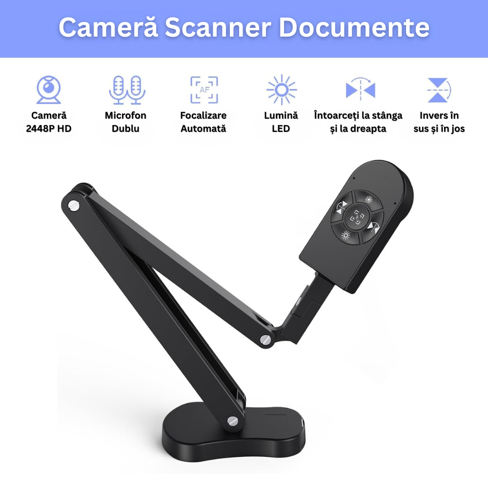 Camera Scanner Documente A4/A3, Rezolutie 4K, 30 FPS, 8 MP, Focalizare Automata, Microfon Dublu, Iluminare LED, Brat Pliabil, Inregistrare Video, Predare Online, Compatibil cu Windows, Mac OS, Chromebook, Conectare USB 2.0, Adaptor Type-C 