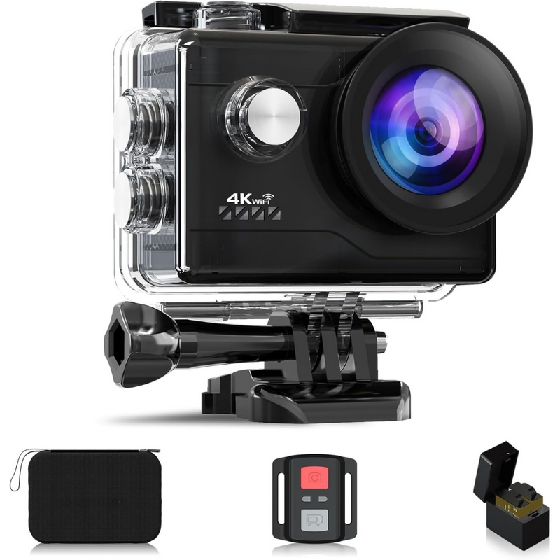 Camera Video Sport WiFi M80, cu Telecomanda, Rezolutie 4K/30FPS/20MP, Ecran LCD HD 2.0”, Unghi Reglabil 170°, Rezistenta la Apa 40M, Time Lapse, Slow Motion, Mod Auto, Accesorii de Prindere, 2 Baterii 1050 mAh, Incarcator Dublu, Geanta de Transport, Negru