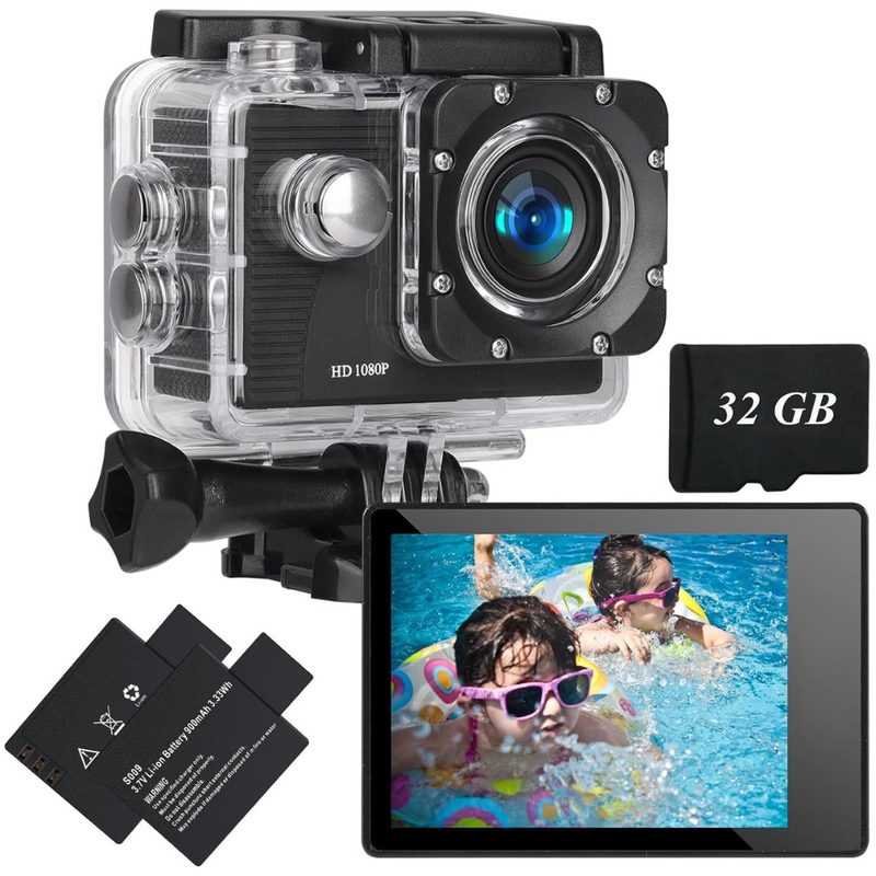 Camera Video Sport WiFi, cu Card SD 32GB, Rezolutie 1080P/30FPS/12MP, Ecran LCD HD 2.0”, Unghi Reglabil 170°, Rezistenta la Apa 30M, Time Lapse, Mod Auto, Accesorii de Prindere, 2 Baterii 900 mAh, Negru